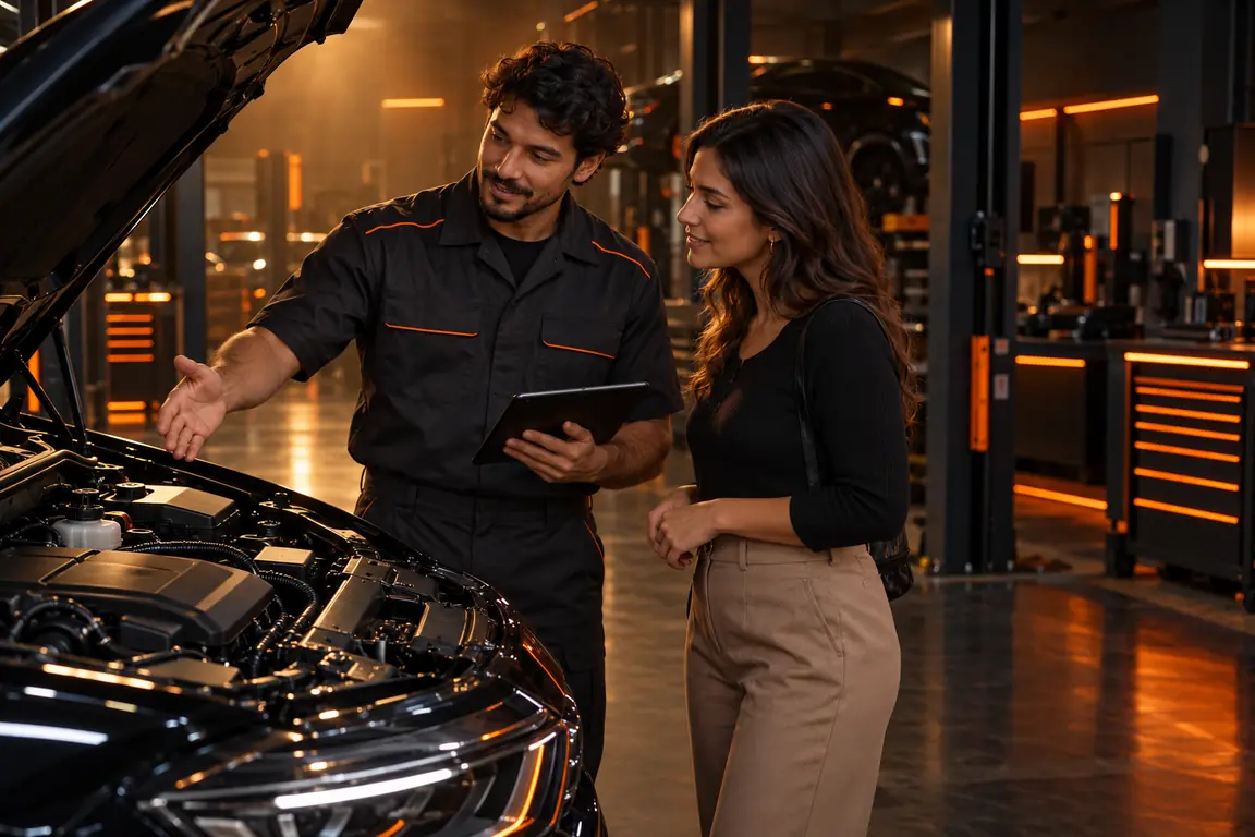 Mecânico explica o diagnóstico a uma cliente ao lado do carro com o capô aberto