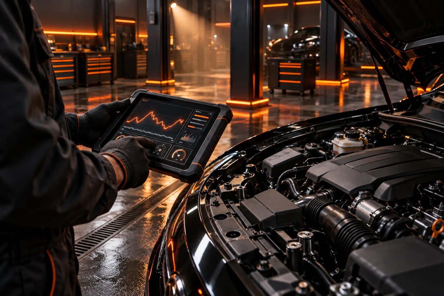 Mecânico com tablet de diagnóstico ao lado do motor aberto de um carro preto